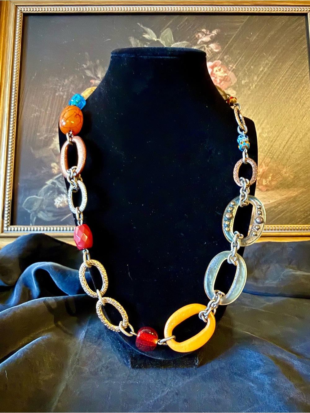 Vintage Multicolor Statement Link Necklace with Orange and Red Crystal Accents